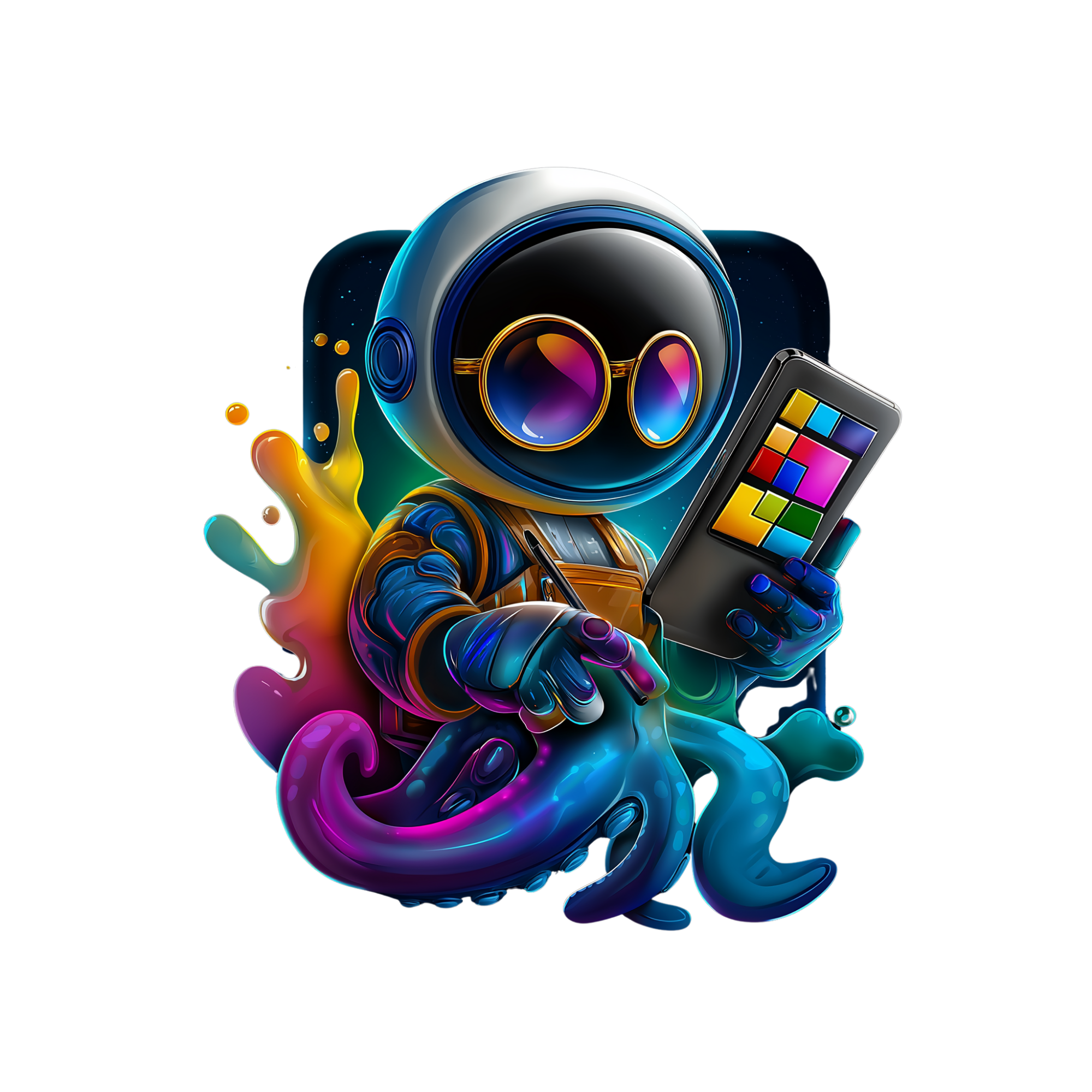 OctoStudio mascot — an astronaut octopus holding a tablet of color swatches